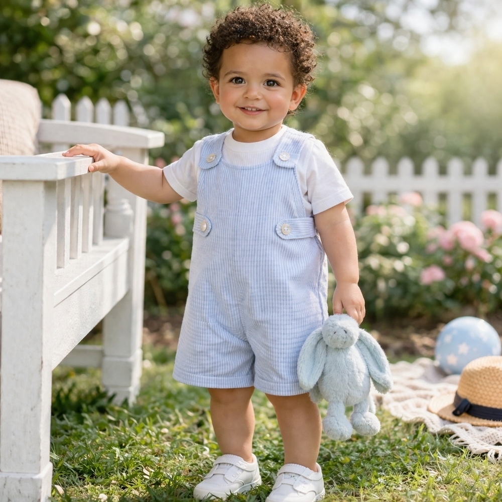 TBBC Beaufort Bonnet Company Blue Seersucker Jon Jon Romper | 6–12M